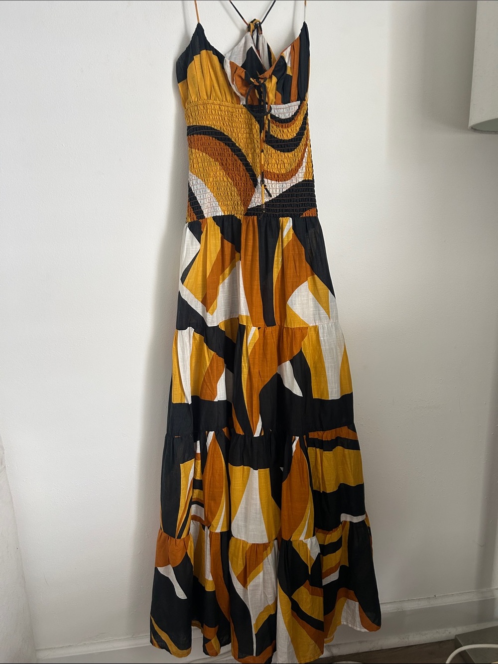 Anthropologie Mustard, Black & Cream Geometric Maxi Sundress